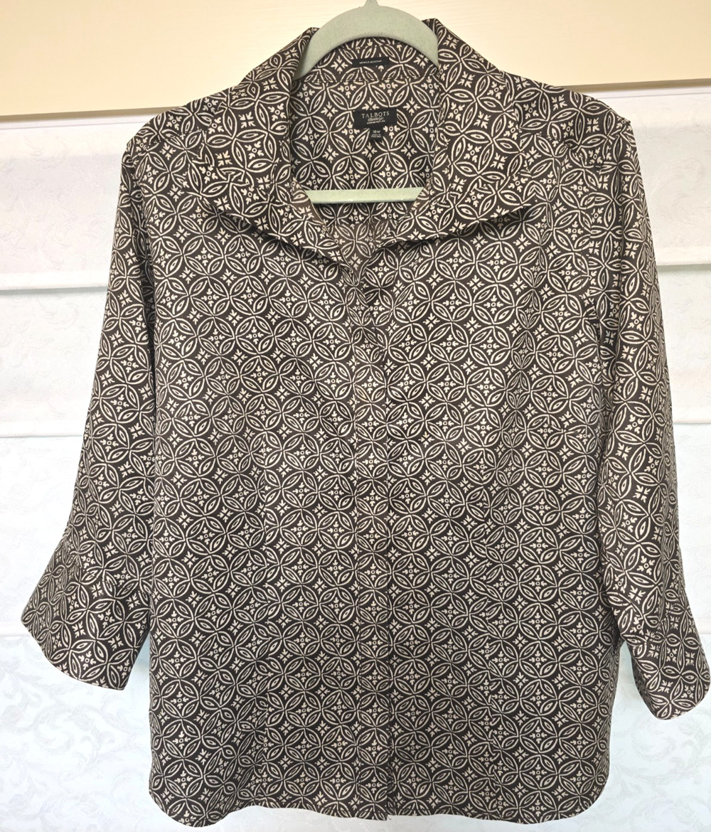 Talbots Woman Petites Blouse 16W Brown Ivory Geometric Button Front Shirt